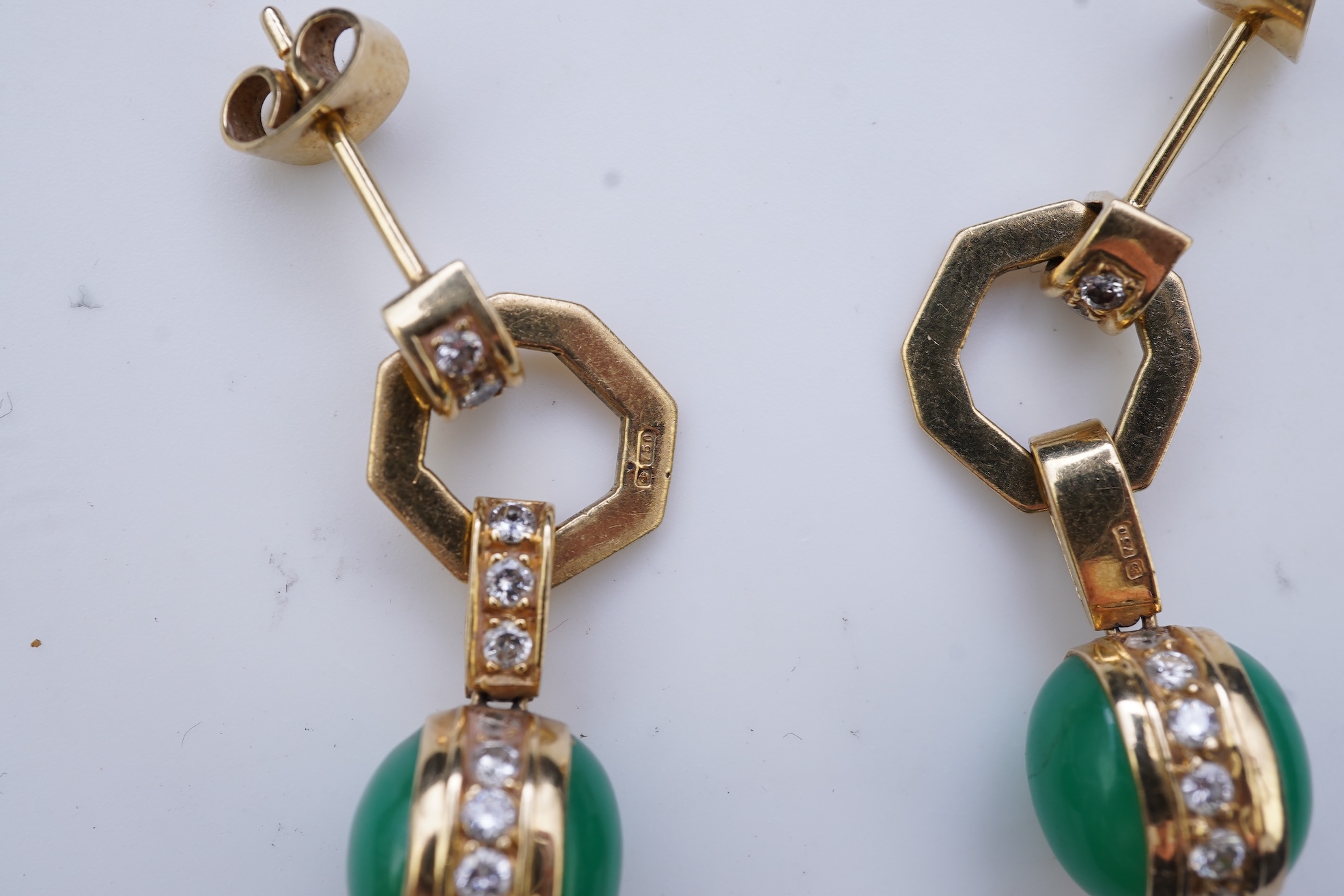 A pair of chalcedony and diamond earrings